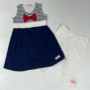 NEW Girl's Nautical Navy and White Striped Dress with White Leggings